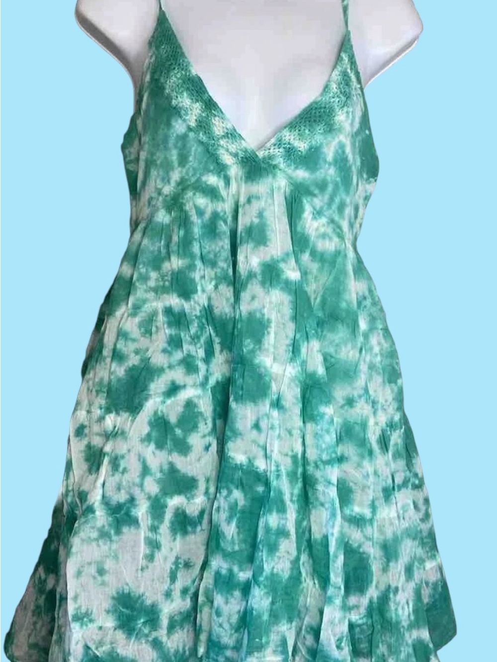 RAGA x Anthropologie Tie-Dye Pintuck Baby Doll Mini Dress Teal Size M MSRP $179 - Picture 3 of 4